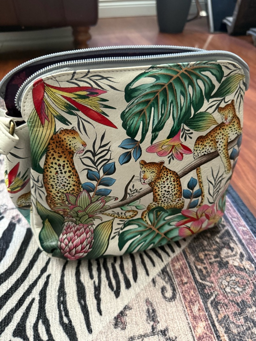 Anuschka Cream Tropical Leopard Print Shoulder Bag with Green Accents